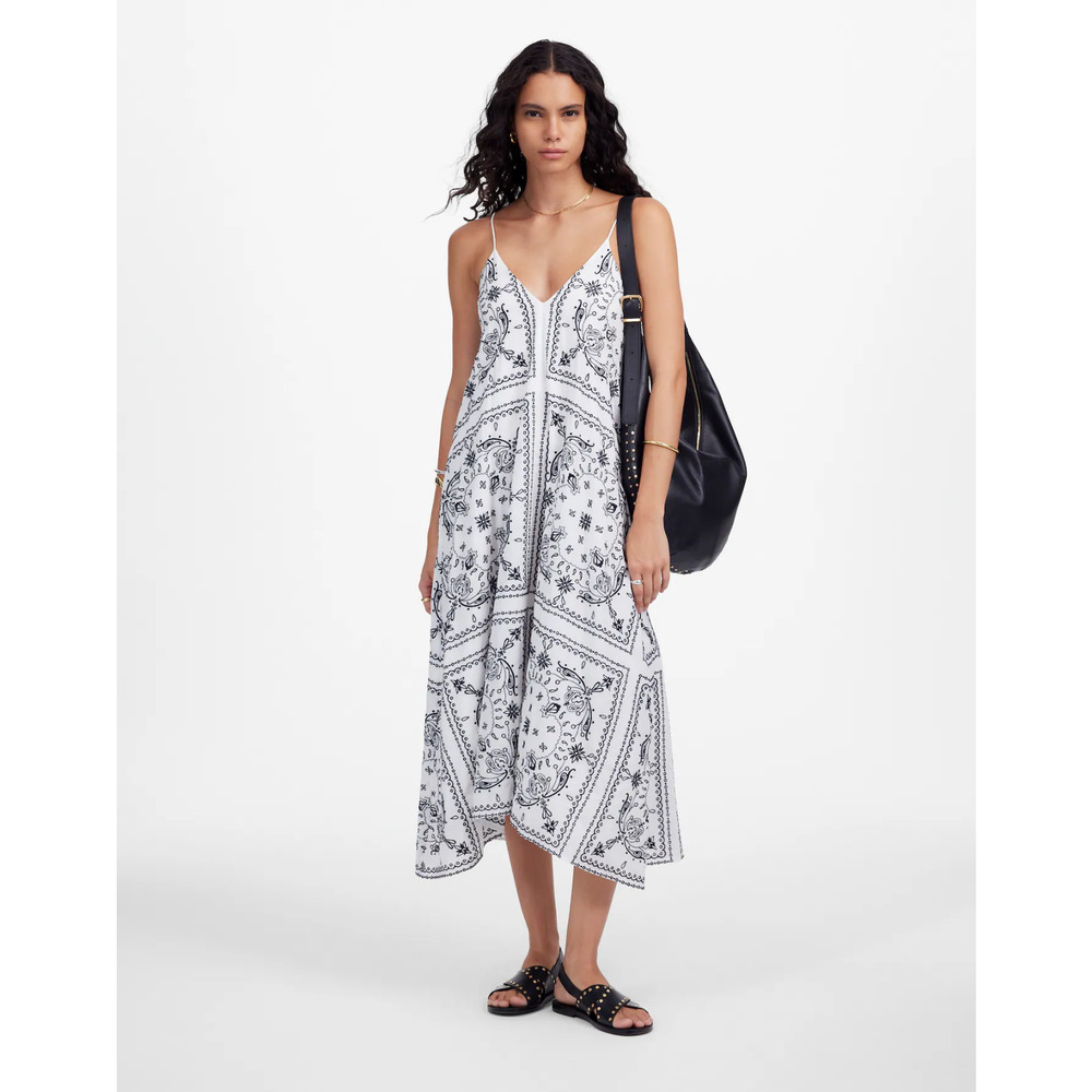 NWT Madewell Womens Embroidered Deep V-Neck Midi Dress Bandana White Size M